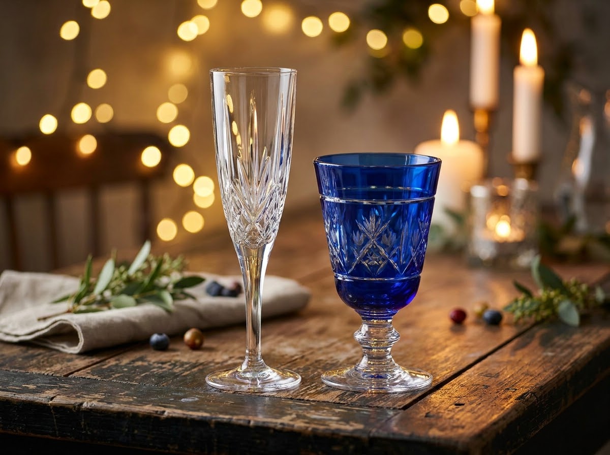 Crystal flute and blue goblet